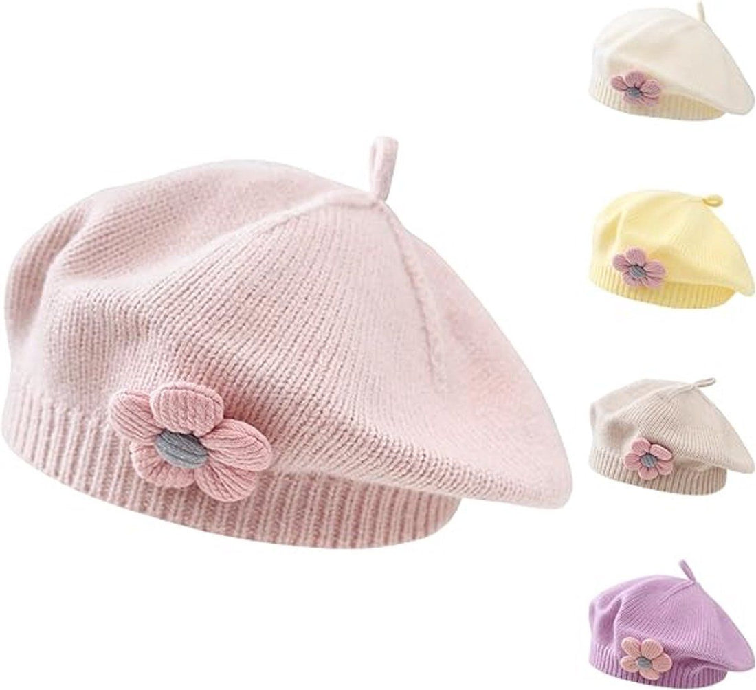 Pink girls' knitted winter beret hat for toddlers, cute floral design, warm French-style baby and kids winter headwear.