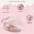 Pink girls' knitted winter beret hat for toddlers, with floral design, warm and cute for cold weather and daily wear.