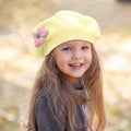 Cute yellow girls' winter beret by Everything Baby, toddler French knitted hat with floral design for cold weather and daily wear.