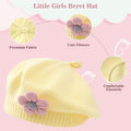 Yellow girls' knitted beret hat for toddlers, warm winter French style with floral design, suitable for cold weather and daily wear.