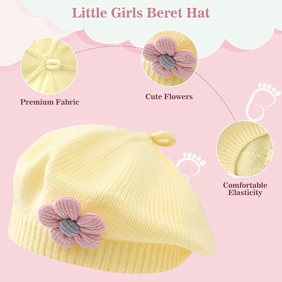 Yellow girls' knitted beret hat for toddlers, warm winter French style with floral design, suitable for cold weather and daily wear.