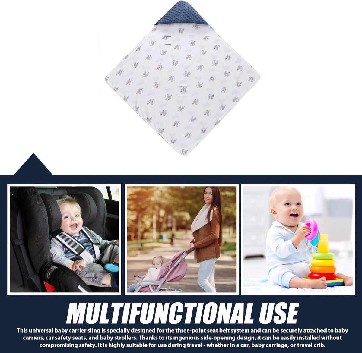 Blue and white double-sided baby blanket made of pure cotton, with three-point harness opening, suitable for strollers and car seats