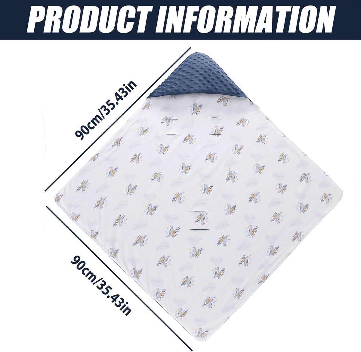 Blue and white double-sided cotton baby blanket with three-point harness opening, suitable for strollers, car seats, and prams.