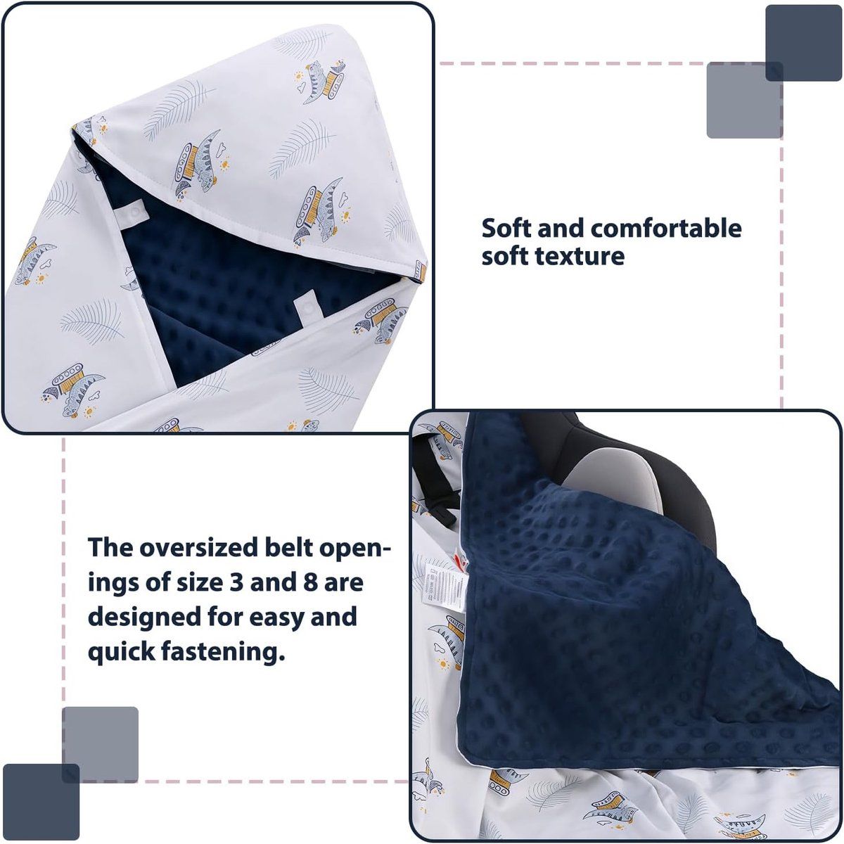 Blue and white double-sided pure cotton baby blanket with three-point harness opening, suitable for strollers, car seats, and prams.