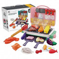 Pink BBQ grill playset for kids with spray, lights, sounds, and color-changing food accessories for pretend cooking fun.