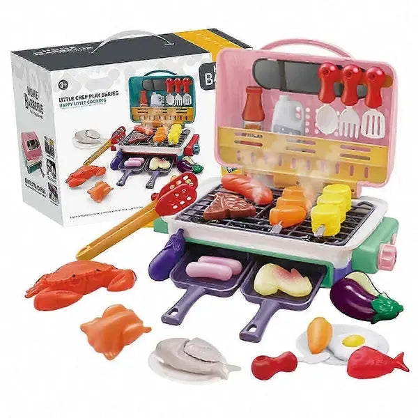 Pink BBQ grill playset for kids with spray, lights, sounds, and color-changing food accessories for pretend cooking fun.