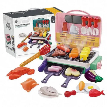 Pink BBQ grill playset for kids with spray, lights, sounds, and color-changing food accessories for pretend cooking fun.