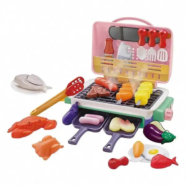 Pink BBQ grill playset with spray, lights, sounds, and color-changing food accessories for pretend cooking, designed for kids.