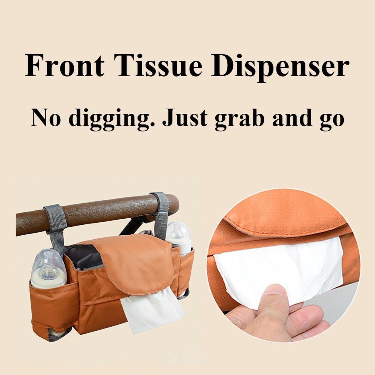 Universal stroller storage bag by Everything Baby, brown with tissue pocket and built-in cup holder hanging on a stroller.