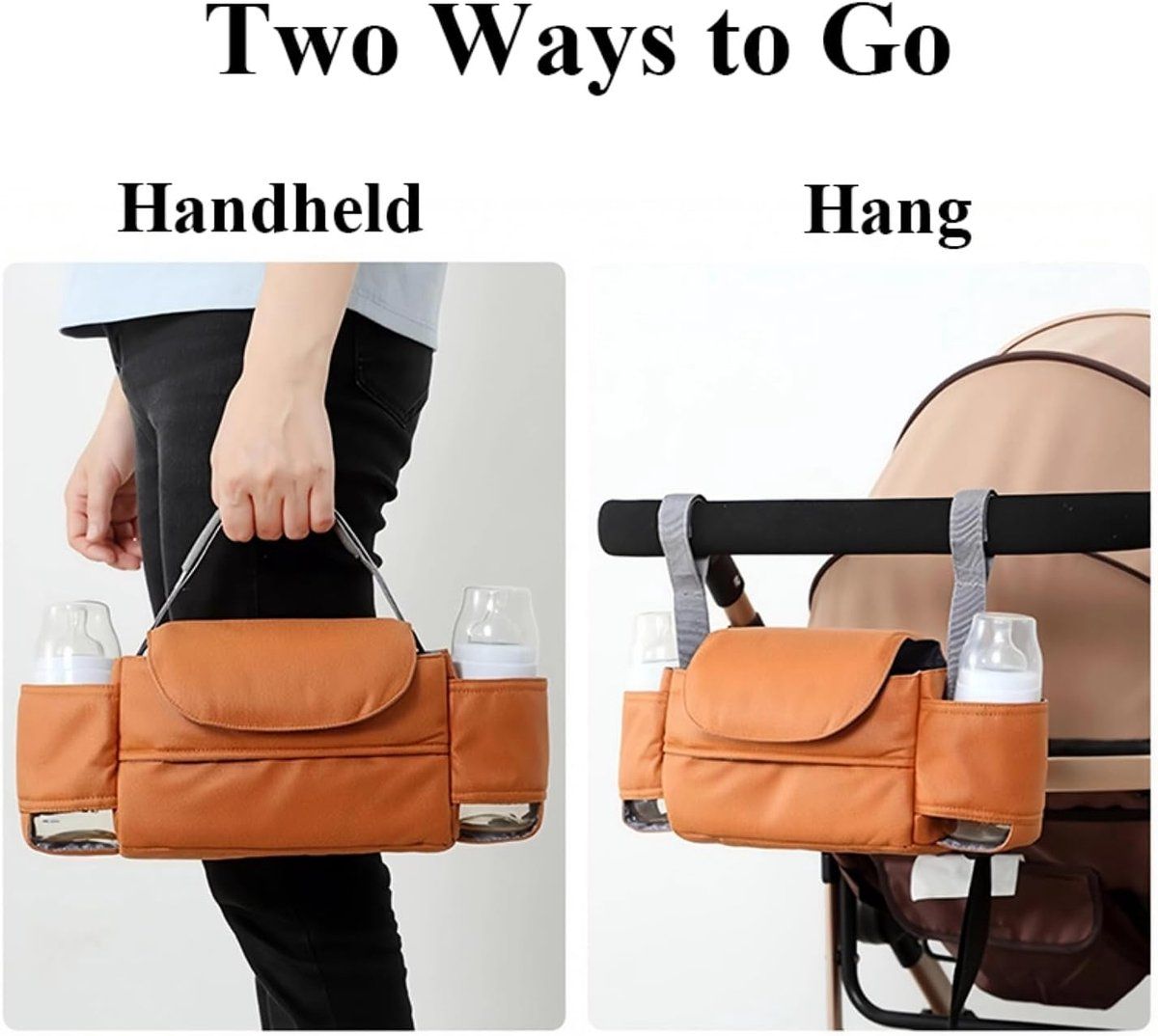 Universal stroller storage bag by Everything Baby with tissue pocket and cup holder, hanging on a stroller in brown color.