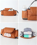 Brown universal stroller storage bag with tissue pocket and built-in cup holder, hanging on a stroller for baby and kid accessories.