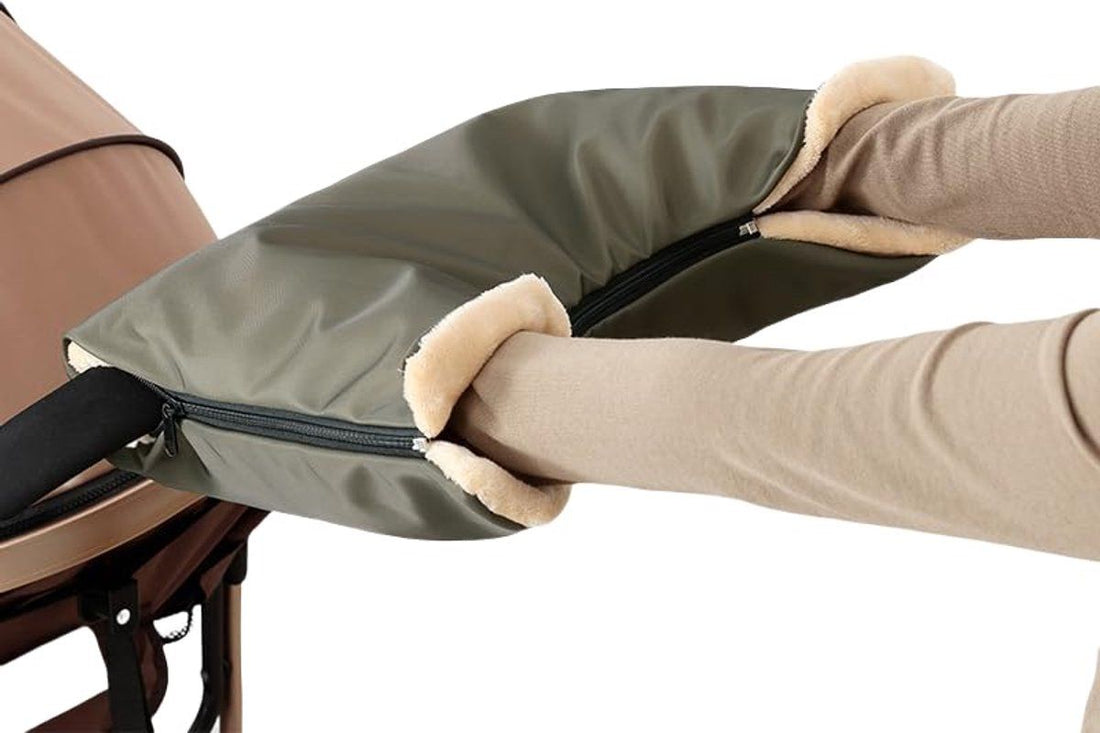 Army Green stroller hand warmer gloves with 3 zippers, windproof and rainproof, designed for baby strollers, 40x22 cm.