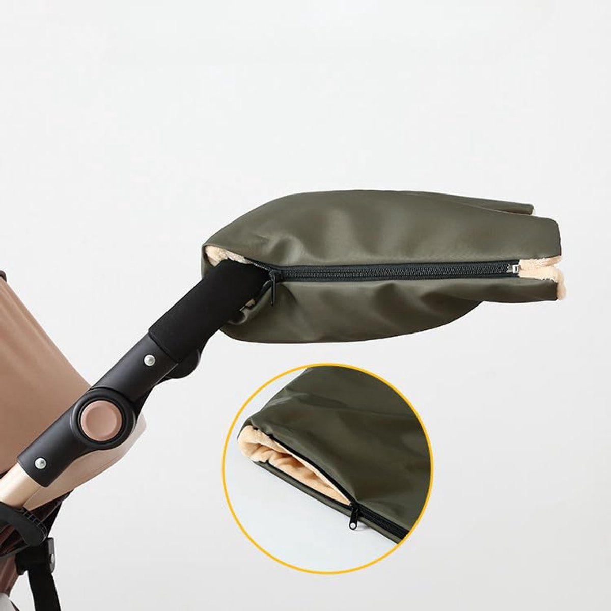 Army Green Baby & Kids stroller hand warmer with 3 zippers, windproof and rainproof, designed for stroller and pram accessories.