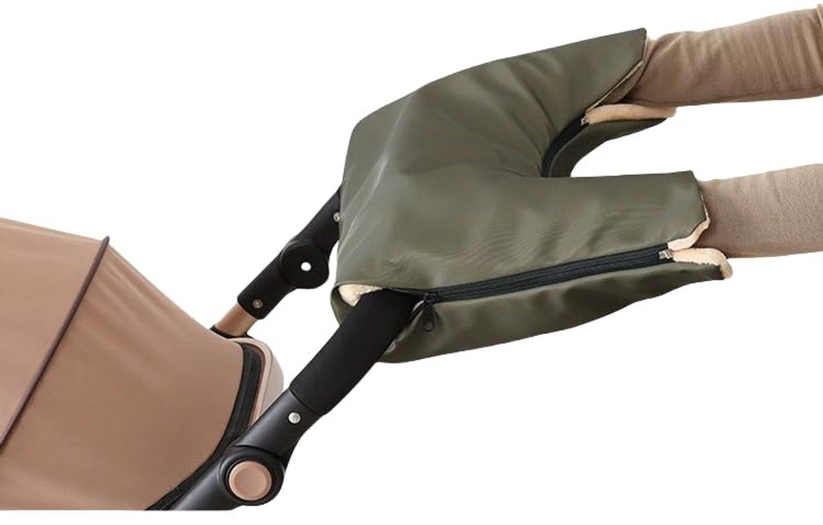 Army Green stroller hand warmer with 3 zippers, windproof and rainproof, designed for baby stroller and pram accessories.