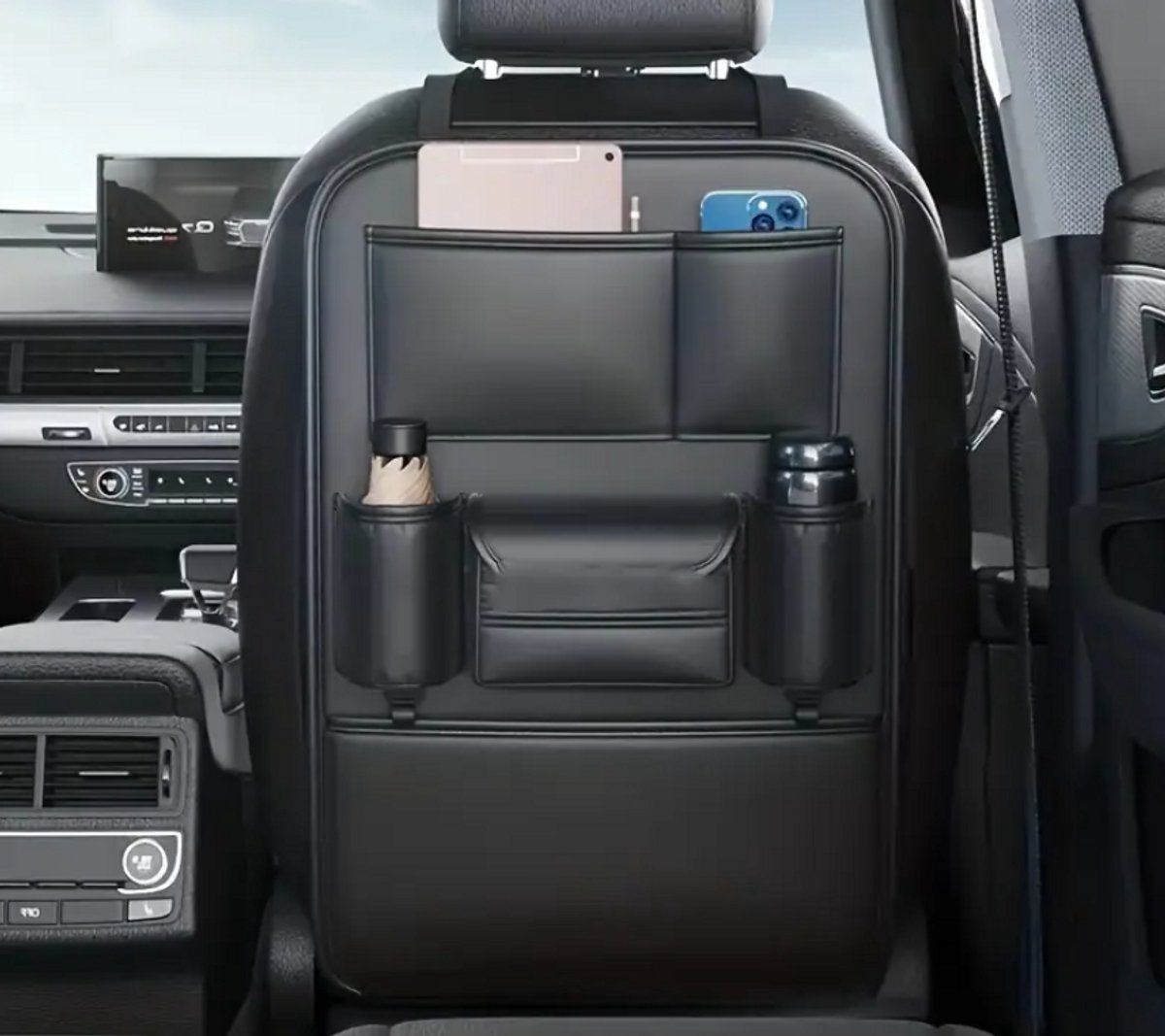 Black car seat organizer for children with multiple pockets and iPad holder, designed for backseat storage and kid’s safety.