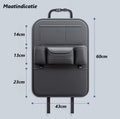 Black car seat organizer for children with multiple pockets and iPad holder, designed for backseat storage and kid's seat protection.