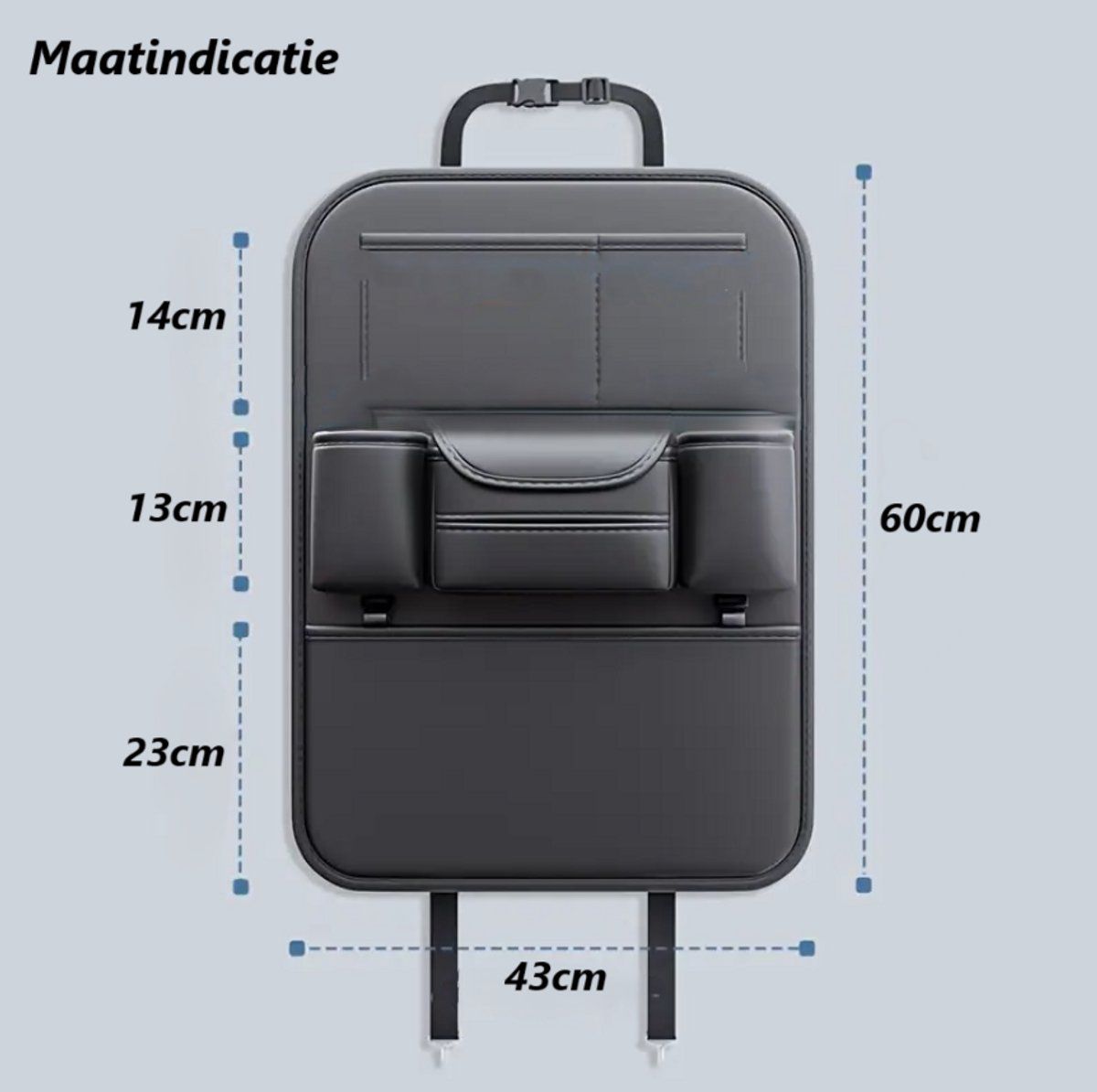 Black car seat organizer for children with multiple pockets and iPad holder, designed for backseat storage and kid's seat protection.