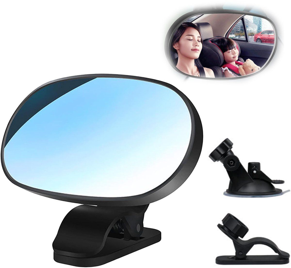 Black baby car mirror for rear-facing seats, 360-degree adjustable interior safety mirror, 12x7 cm, clear backseat viewing