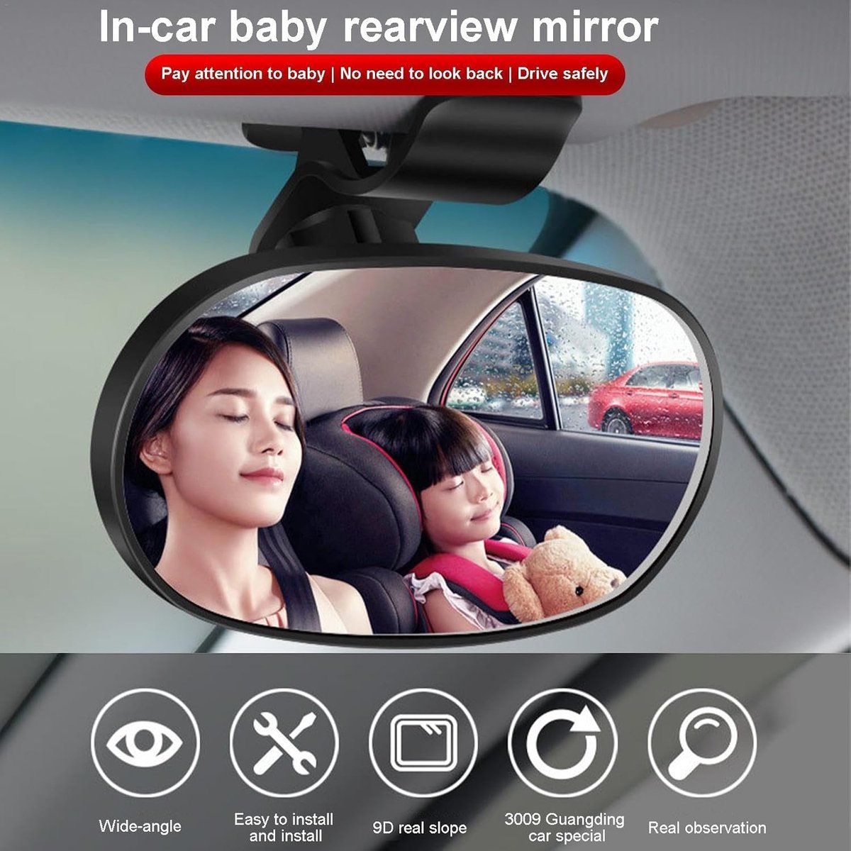 Black baby car mirror for rear-facing seats, 360-degree adjustable interior safety mirror for clear backseat viewing.