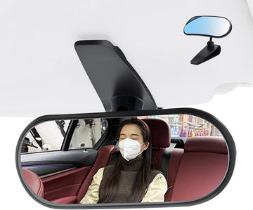 Baby car mirror by Everything Baby with wide angle HD view, 360° adjustable sun visor for rear-facing child seats.