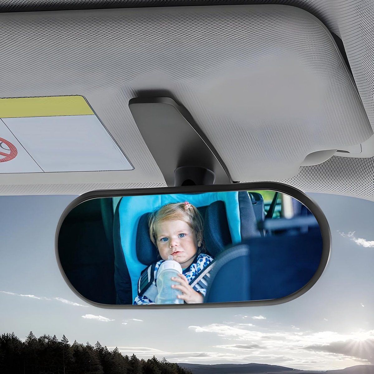 Baby car mirror by Everything Baby showing wide-angle HD view, 360-degree adjustable sun visor for rear-facing child seats.