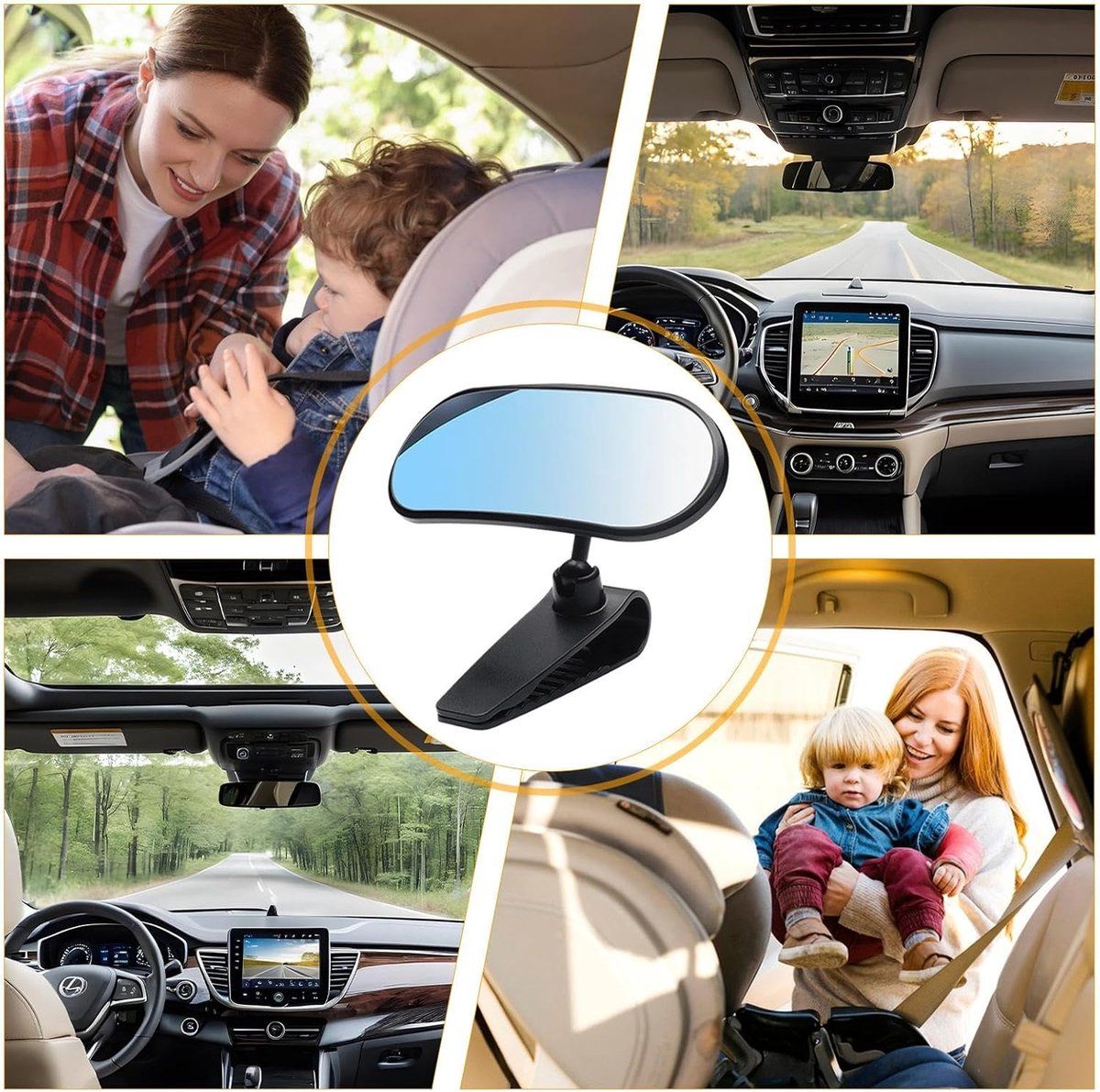 Baby car mirror by Everything Baby with wide-angle HD view, 360° adjustable sun visor for rear-facing child seats and night driving.
