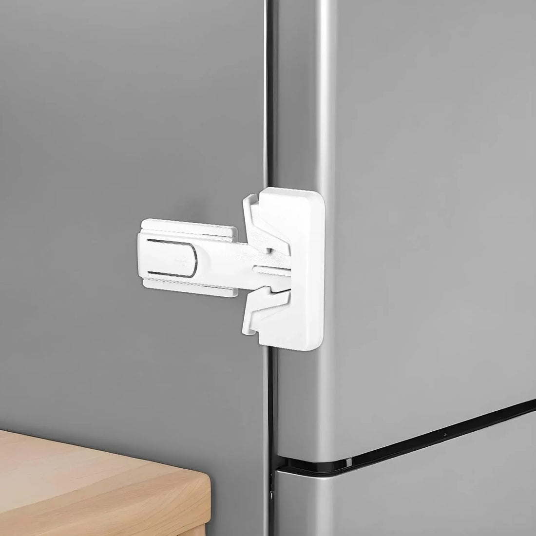 White refrigerator door lock and freezer latch set by Everything Baby, child safety locks for upright fridges and freezers.