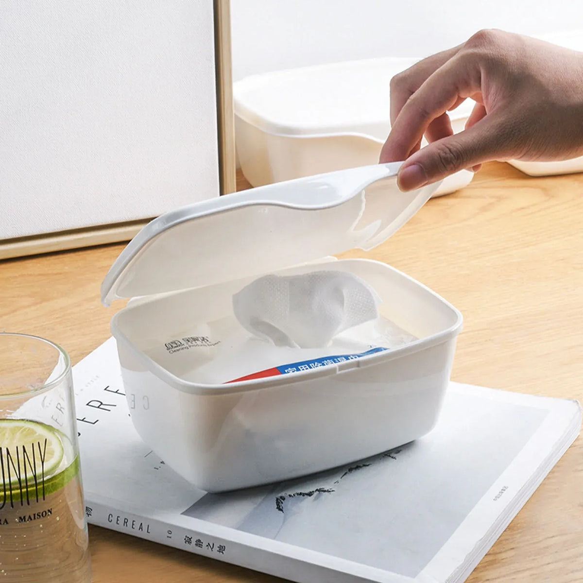 Baby wipes dispenser with sealing lid, portable moist wipe holder for bathroom, nursery, and desk, by Everything Baby.