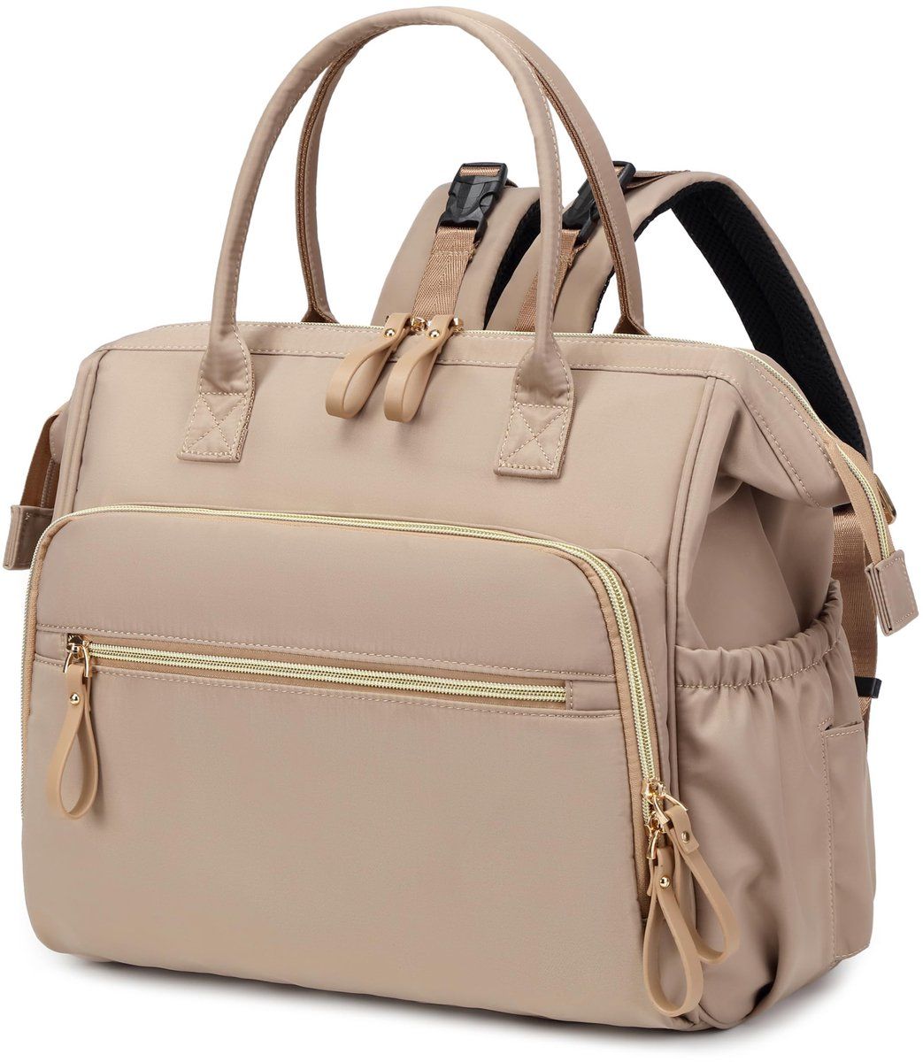 Beige baby diaper bag backpack with 14 compartments, water-repellent fabric, wide opening, and stroller hooks for parents and kids.