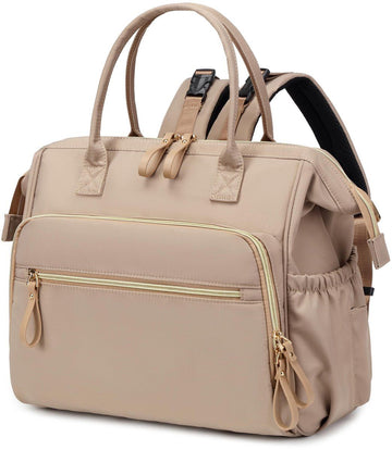 Beige baby diaper bag backpack with 14 compartments, water-repellent fabric, wide opening, and stroller hooks for parents and kids.