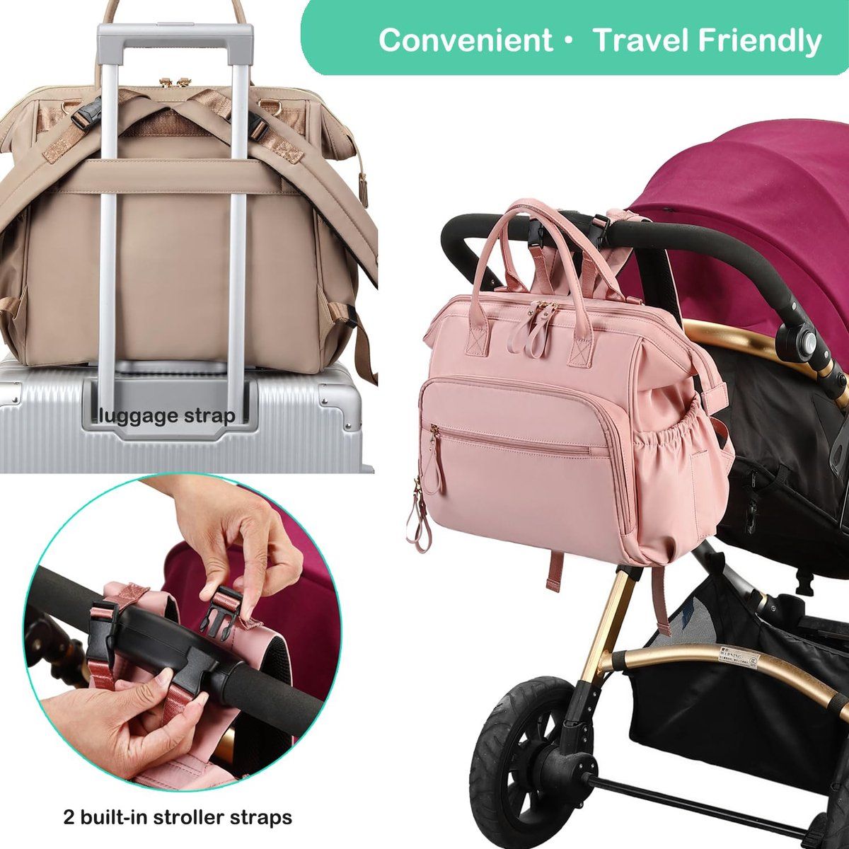 Beige diaper bag backpack by Everything Baby with 14 compartments, water repellent, wide opening, stroller hooks, for baby and kids.