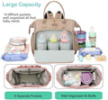 Beige diaper bag backpack by Everything Baby with 14 compartments, stroller hooks, water-repellent fabric, and wide opening for baby essentials.