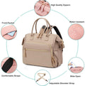 Beige baby diaper bag backpack by Everything Baby with 14 compartments, water-resistant fabric, wide opening, and stroller hooks.