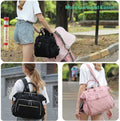 Beige baby diaper bag backpack with 14 compartments, water-repellent fabric, wide opening, and stroller hooks for easy carrying.