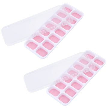 PALIFEUR Silicone Ice Cube Tray 2 Pack Easy-Release & Flexible 14-Ice Cube Trays with Avoid Spill Removable Lid, Stackable Ice Trays with Ice Covers for Freezer Pink