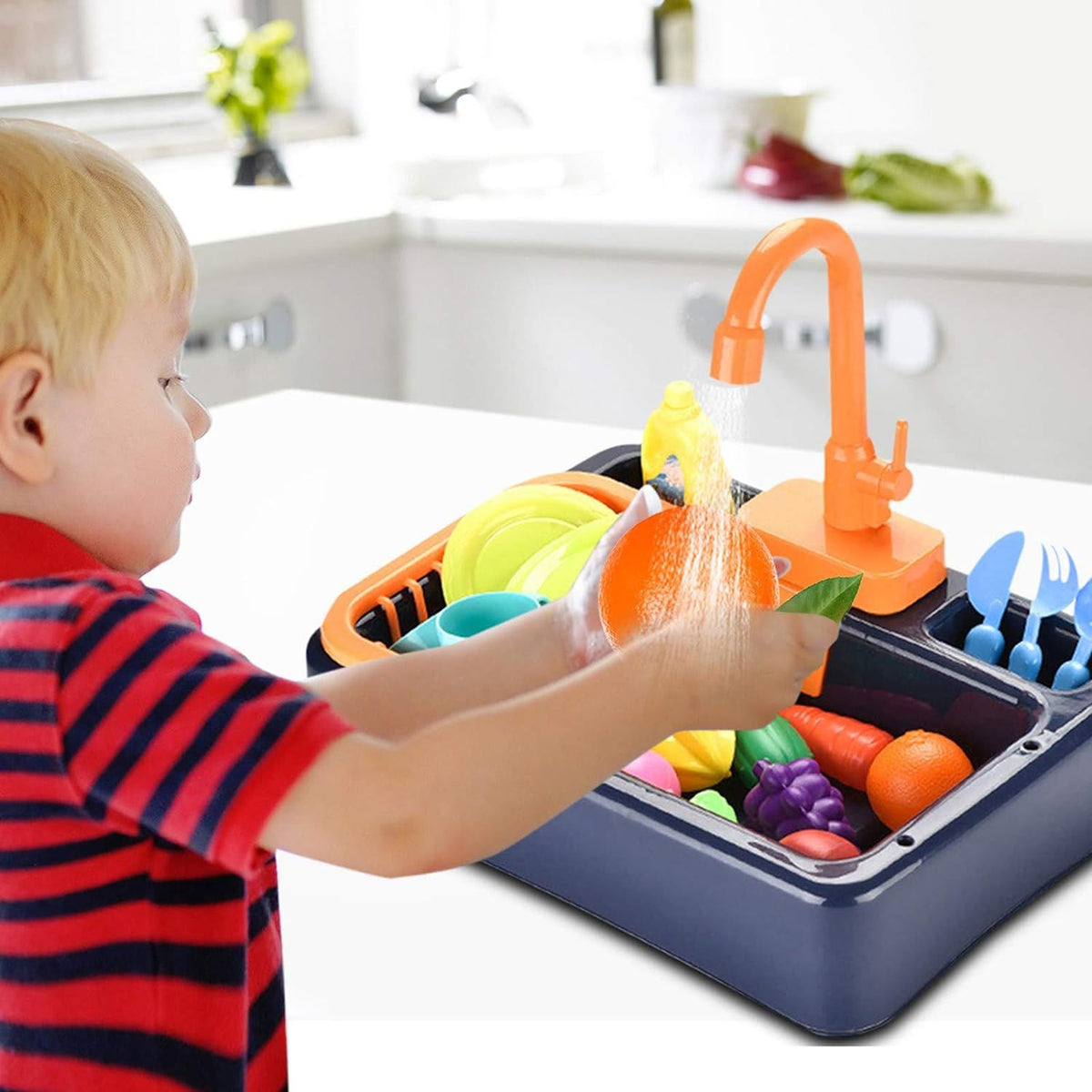 19-piece kids kitchen play sink toy set with pretend food, color-changing dishes, and running water for fun pretend play.