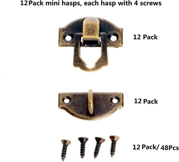 12pcs antique brass decorative hasp latches with screws for jewelry and wooden boxes, featuring durable surface plating.
