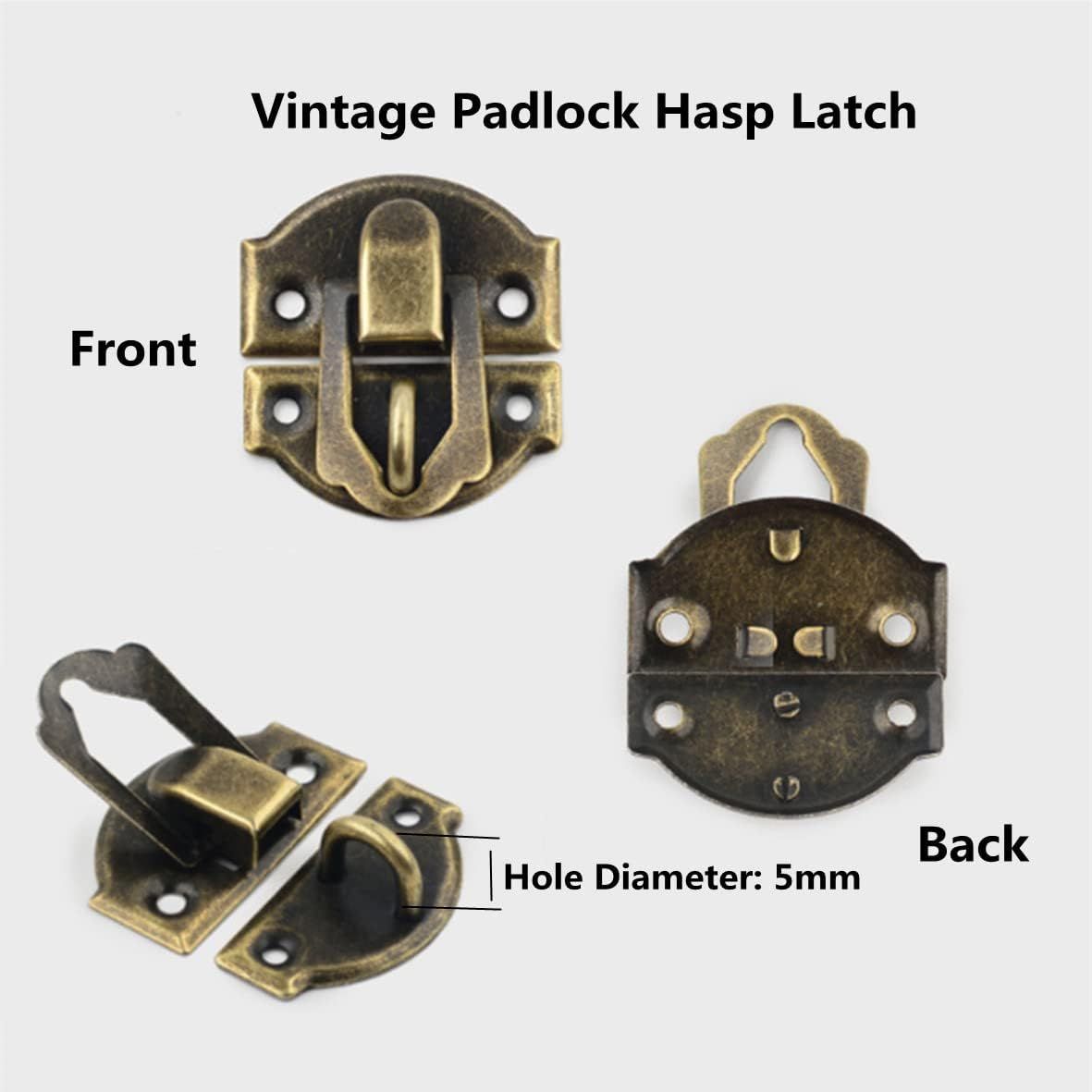 12pcs antique brass decorative hasp latches with screws for jewelry or wooden boxes, featuring surface plating that resists fading.
