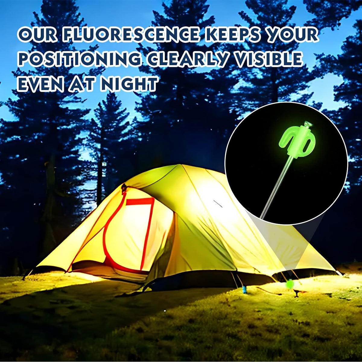 Set of 30 galvanized steel tent stakes with fluorescent stoppers, 7.9 inches, heavy-duty outdoor tent pegs with glow-in-the-dark features.