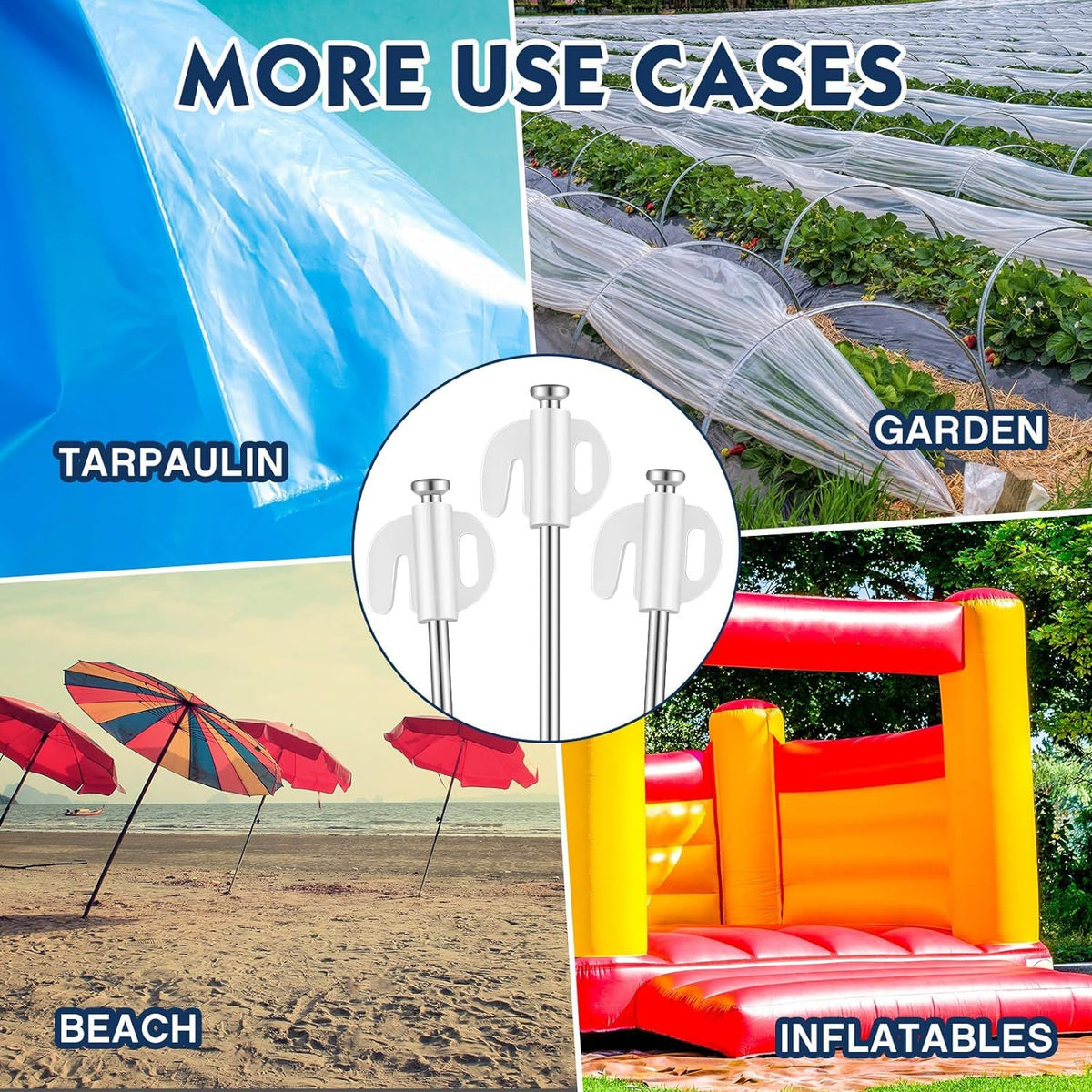 30 galvanized steel tent stakes with fluorescent glow-in-the-dark stoppers, heavy-duty 7.9-inch pegs for outdoor canopy and tent anchoring.