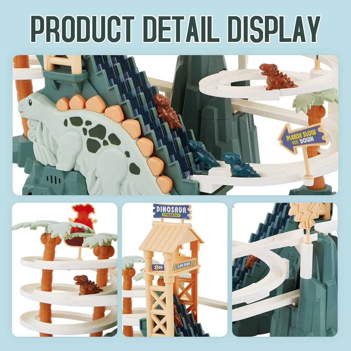 Dinosaur electric race track set with double loops, colorful toy for kids ages 3-7, featuring dinosaur-themed design for outdoor play