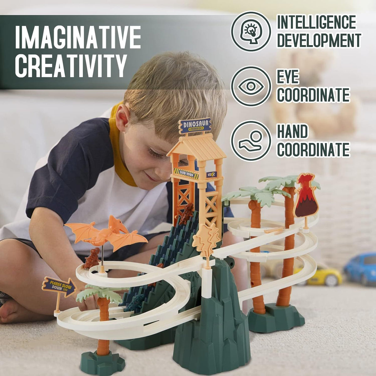 Dinosaur electric race track set with double loops, colorful toy for kids ages 3-7, outdoor learning and educational fun for boys and girls.