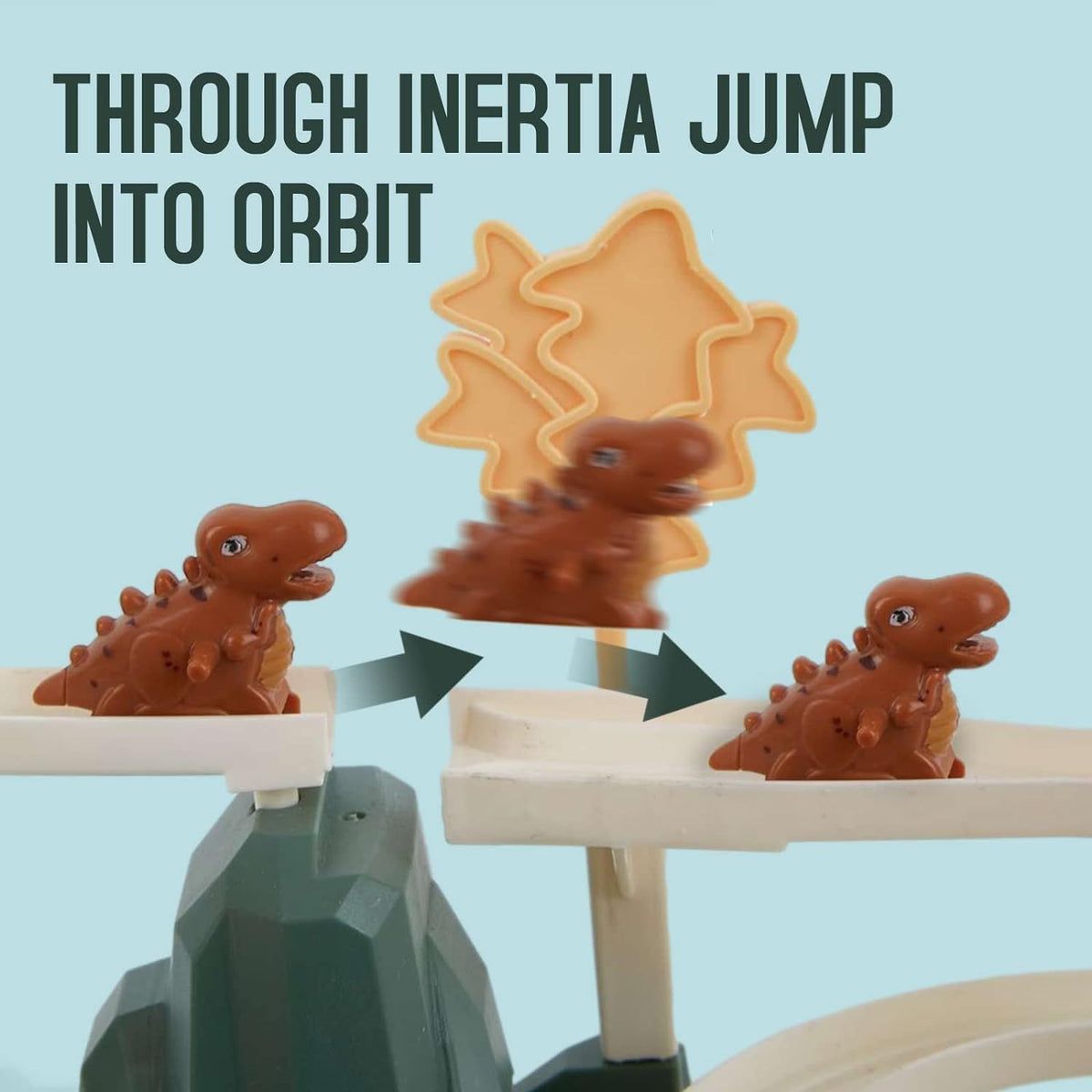Dinosaur-themed electric race track set with double loops for kids aged 3-7, featuring colorful dinosaur figures and track pieces.
