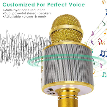 Wireless Bluetooth karaoke microphone for kids in gold, portable handheld mic with speaker, recorder, and outdoor play features.