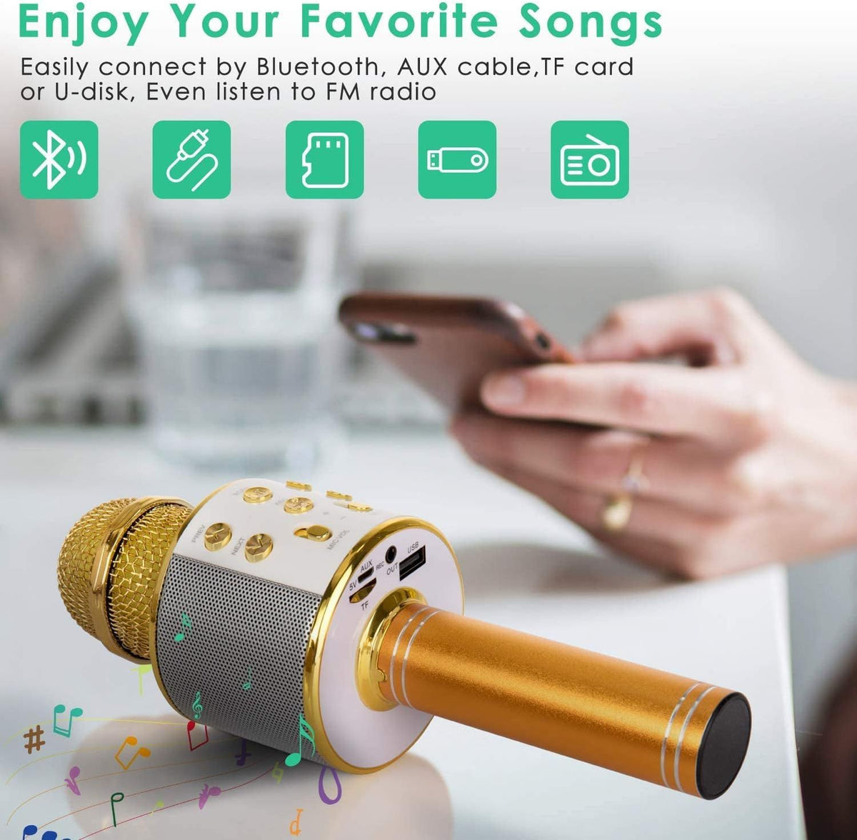 Wireless Bluetooth karaoke microphone for kids in gold, portable handheld mic with speaker, recorder, and fun outdoor play features.