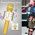 Gold wireless Bluetooth karaoke microphone for kids with speaker, recorder, and portable design, ideal for outdoor play and fun celebrations.