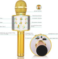 Wireless Bluetooth karaoke microphone for kids, gold handheld microphone with speaker, recorder, and portable outdoor play equipment.