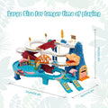 Colorful dinosaur-themed race track toy with climbing hills, railcar, and four small ride-on cars for kids' construction play.