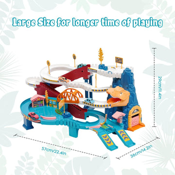 Colorful dinosaur-themed race track toy with climbing hills, railcar, and four small ride-on cars for kids' construction play.