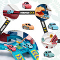 Colorful dinosaur-themed race track toy for kids with four cars and climbing hills, perfect for ride-on play and construction fun.